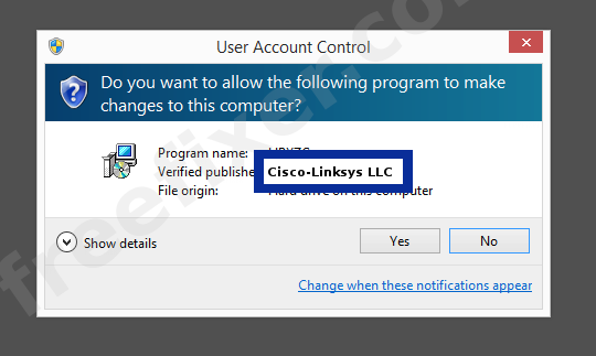 Screenshot where Cisco-Linksys LLC appears as the verified publisher in the UAC dialog
